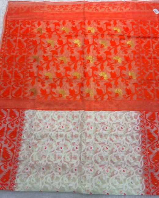 Lata Work Dhakai Jamdani Saree in Ivory with Orange