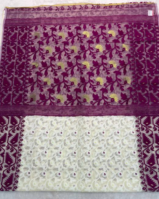 Lata Work Dhakai Jamdani Saree in Ivory with Purple
