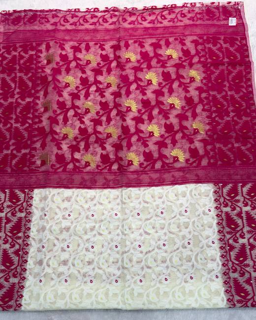 Lata Work Dhakai Jamdani Saree in Ivory with Rani