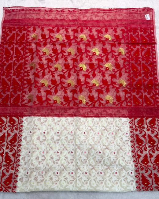 Lata Work Dhakai Jamdani Saree in Ivory with Red