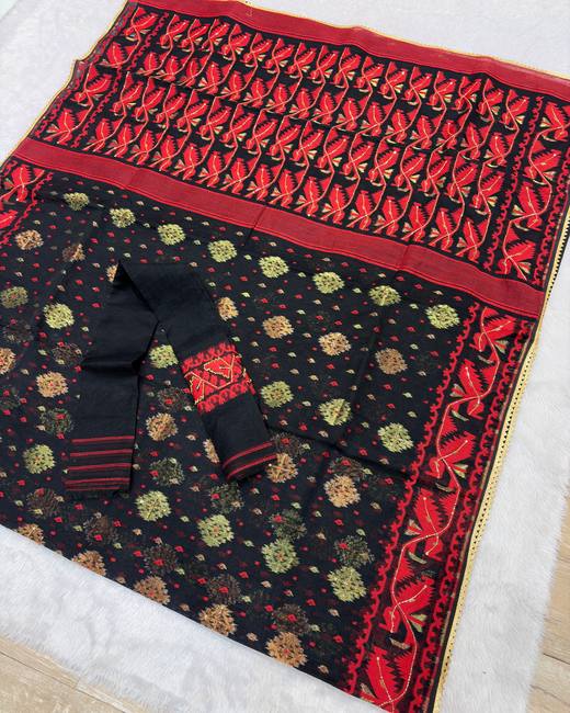 Hand Katdana Dhakai Jamdani Saree in Black with Red