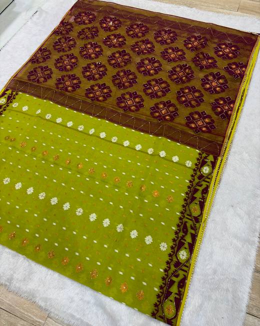 Hand Katdana Dhakai Jamdani Saree in Brown with Lime