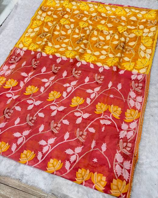 Hand Katdana Dhakai Jamdani Saree in Mustard with Red