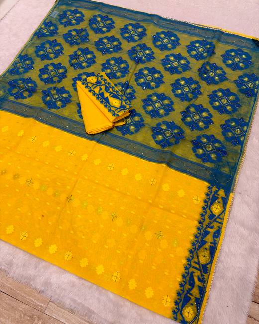 Hand Katdana Dhakai Jamdani Saree in Teal with Mustard