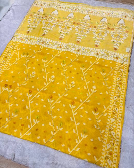 Hand Katdana Dhakai Jamdani Saree in Yellow with Gold