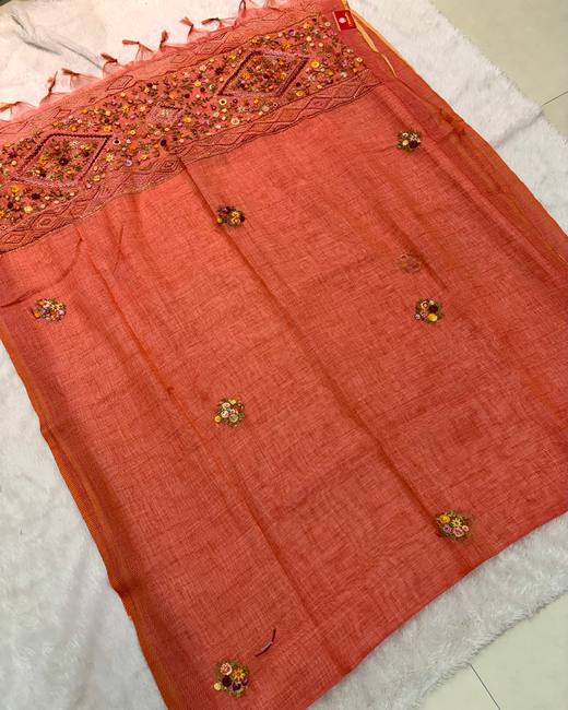 Hand Lambani Work Tissue Linen Saree in Coral