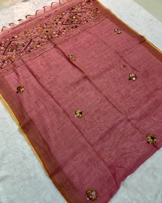 Hand Lambani Work Tissue Linen Saree in DustyRose