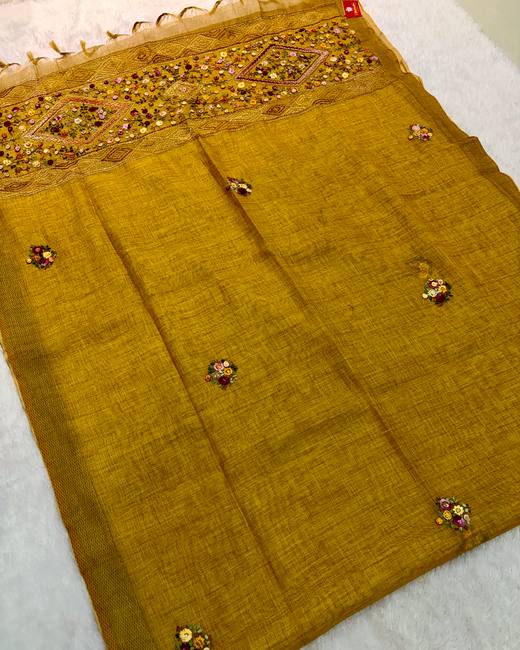 Hand Lambani Work Tissue Linen Saree in Mustard