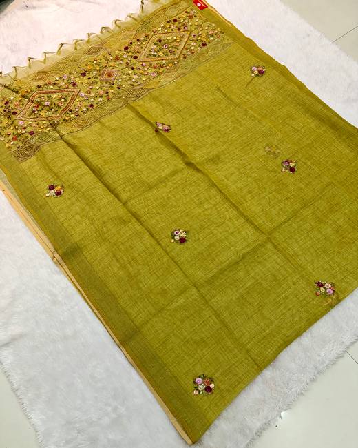 Hand Lambani Work Tissue Linen Saree in Olive