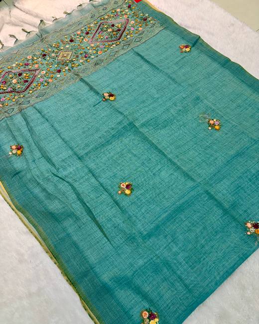 Hand Lambani Work Tissue Linen Saree in Teal