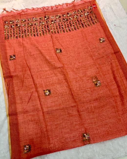 Hand Lambani Work Tissue Linen Saree in Coral
