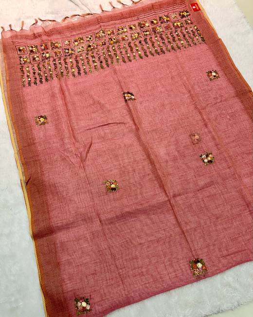 Hand Lambani Work Tissue Linen Saree in DustyRose