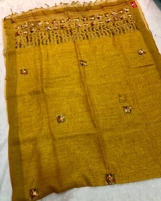 Hand Lambani Work Tissue Linen Saree in Mustard