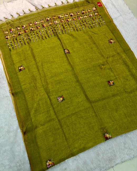 Hand Lambani Work Tissue Linen Saree in Olive