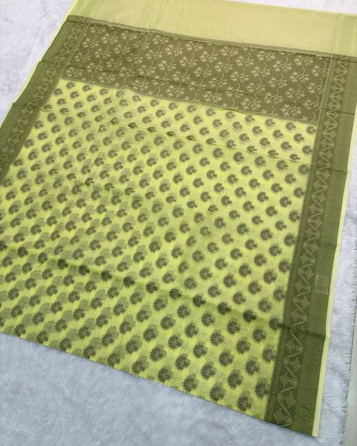 Banarasi Cotton Kota Saree with Resham Weaving in Lime with Olive