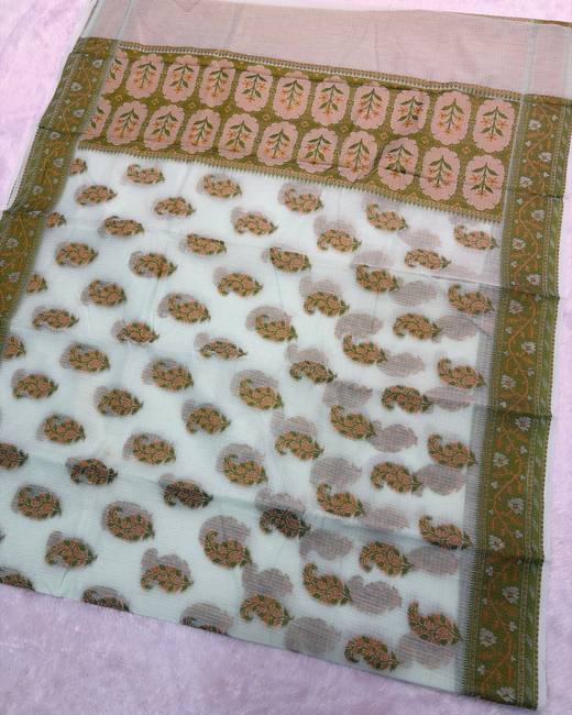 Banarasi Cotton Kota Saree with Resham Weaving in Mint with Olive