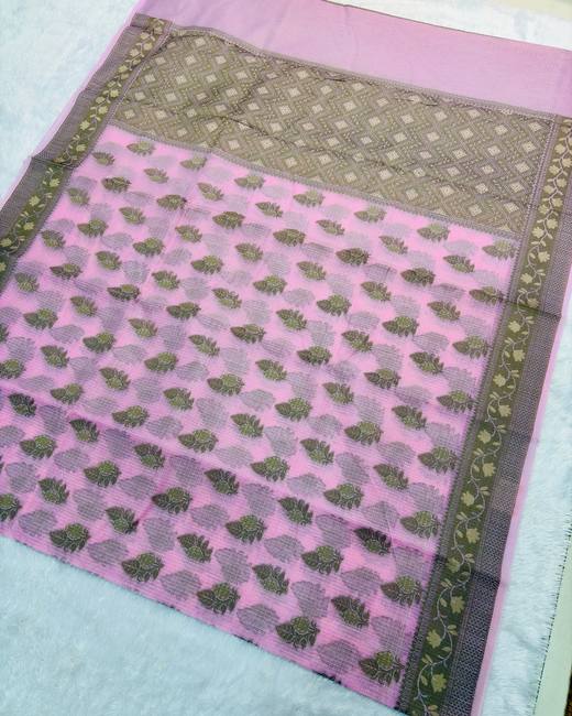 Banarasi Cotton Kota Saree with Resham Weaving in Pink with Olive