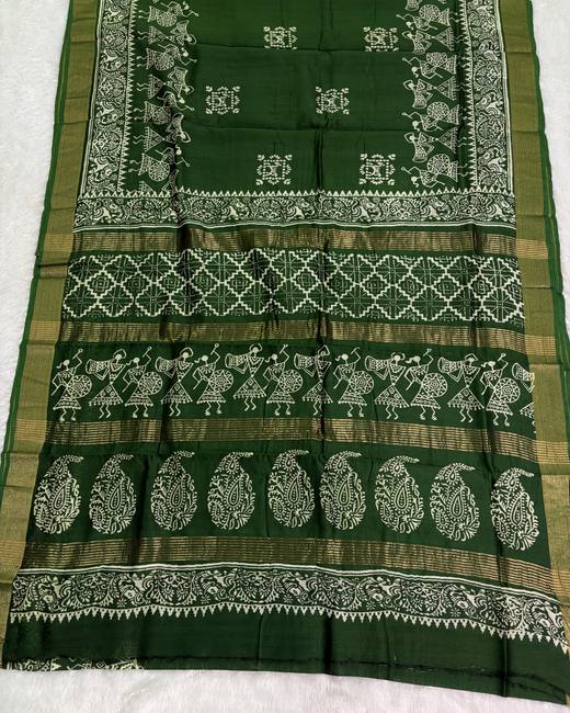 Hand Block Chanderi Cotton Saree in BottleGreen with Gold