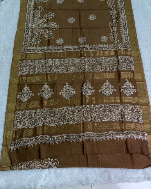 Hand Block Chanderi Cotton Saree in Brown with Gold