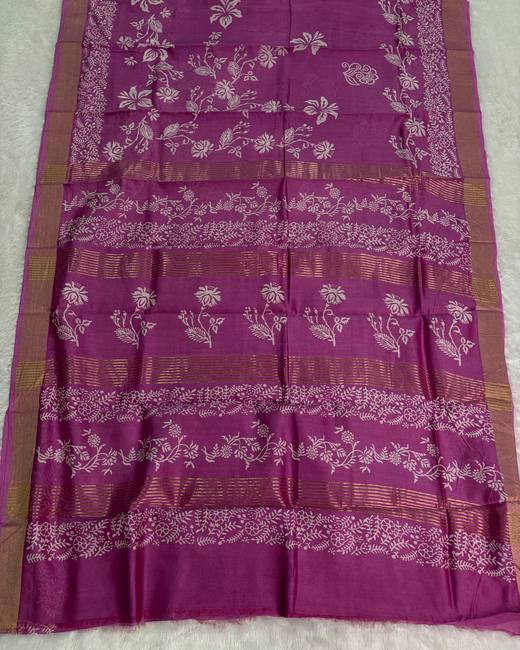 Hand Block Chanderi Cotton Saree in Magenta with Gold