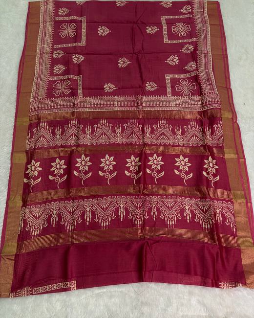 Hand Block Chanderi Cotton Saree in Maroon with Gold