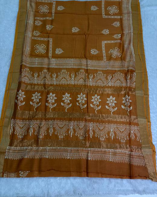 Hand Block Chanderi Cotton Saree in Mustard with Gold