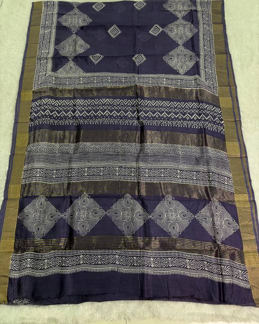 Hand Block Chanderi Cotton Saree in Navy with Gold