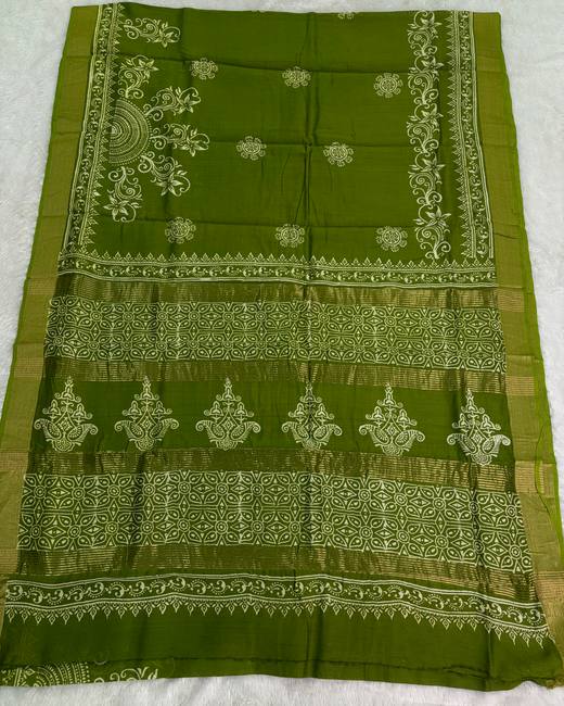 Hand Block Chanderi Cotton Saree in Olive with Gold