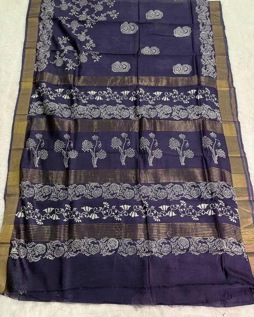 Hand Block Chanderi Cotton Saree in Purple with Gold