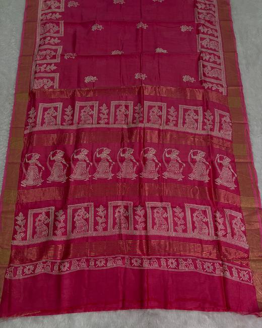 Hand Block Chanderi Cotton Saree in Rani with Gold