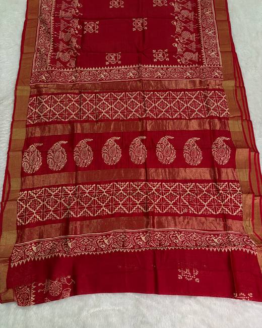 Hand Block Chanderi Cotton Saree in Red with Gold