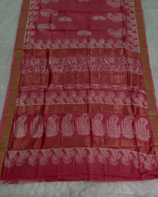 Hand Block Chanderi Cotton Saree in Rose with Gold