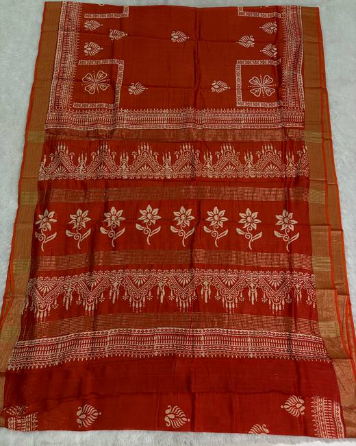 Hand Block Chanderi Cotton Saree in Rust with Gold