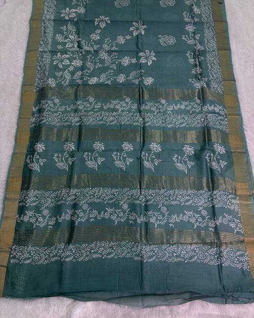Hand Block Chanderi Cotton Saree in Teal with Gold