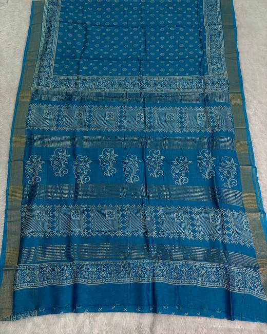 Hand Batik Chanderi Cotton Saree in Blue with Gold