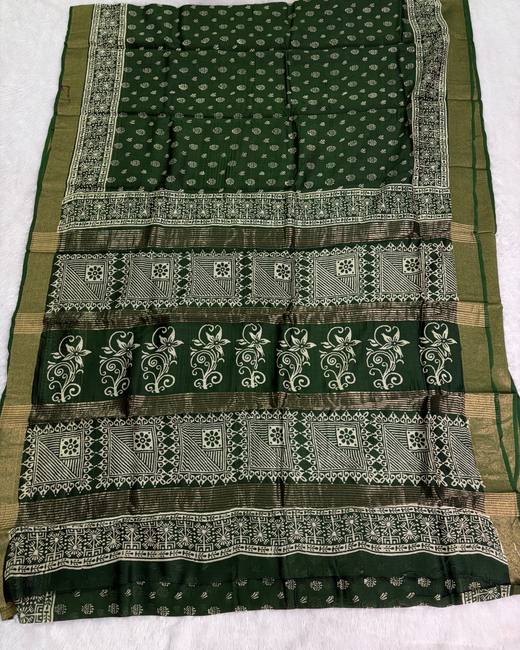 Hand Batik Chanderi Cotton Saree in BottleGreen with Gold