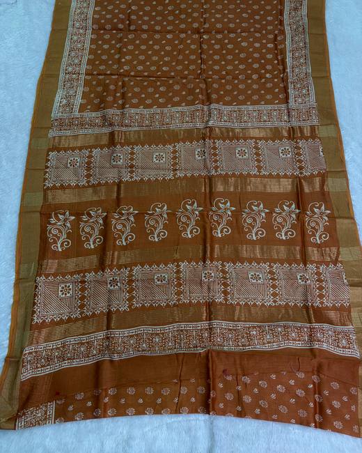 Hand Batik Chanderi Cotton Saree in Brown with Gold