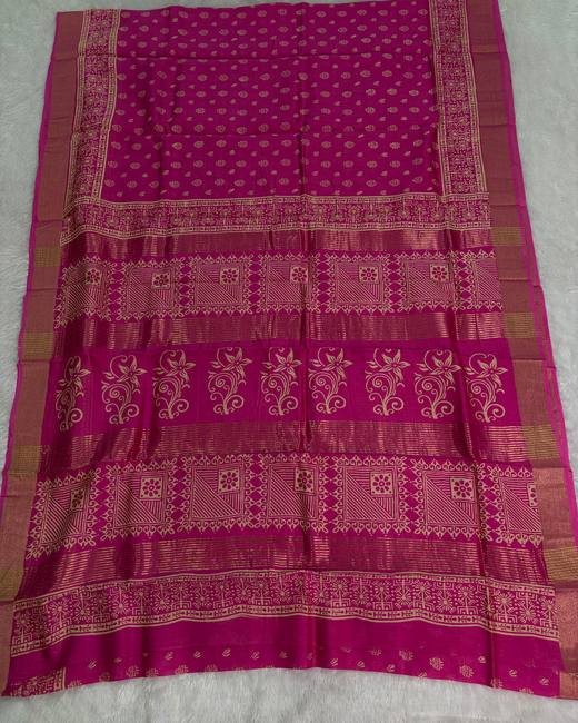 Hand Batik Chanderi Cotton Saree in Magenta with Gold