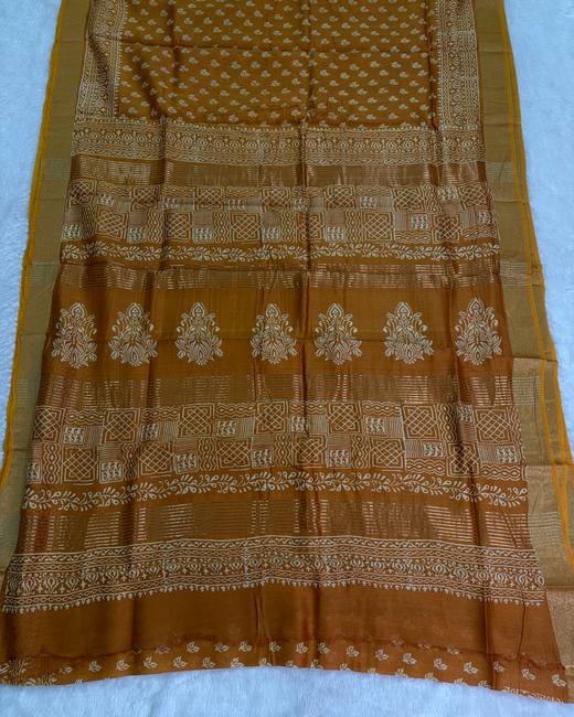 Hand Batik Chanderi Cotton Saree in Mustard with Gold