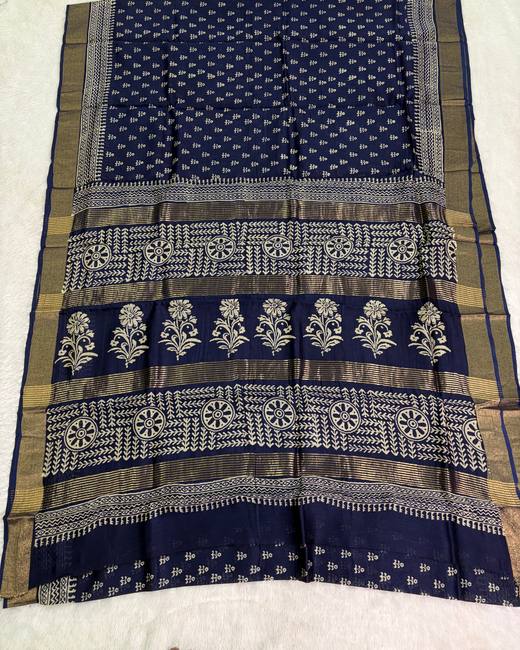 Hand Batik Chanderi Cotton Saree in Navy with Gold