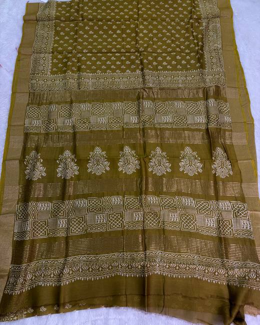 Hand Batik Chanderi Cotton Saree in Olive with Gold