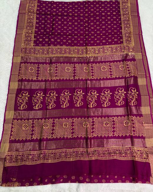 Hand Batik Chanderi Cotton Saree in Purple with Gold