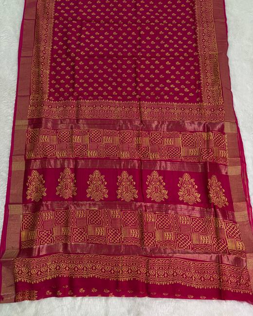 Hand Batik Chanderi Cotton Saree in Rani with Gold