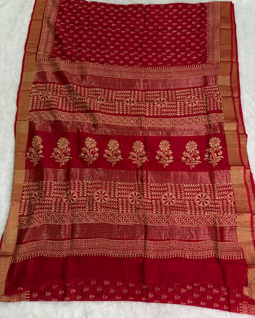 Hand Batik Chanderi Cotton Saree in Red with Gold