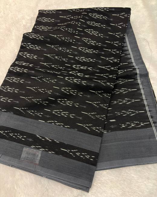 Pochampally Ikkat Handwoven Cotton Saree in Black with Grey
