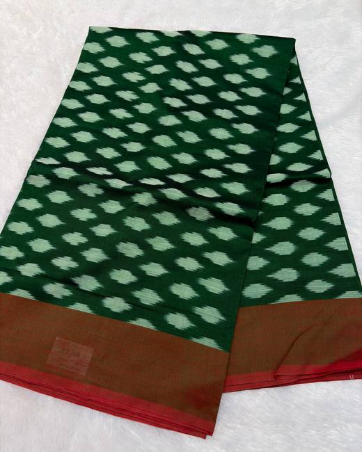 Pochampally Ikkat Handwoven Cotton Saree in BottleGreen with Maroon