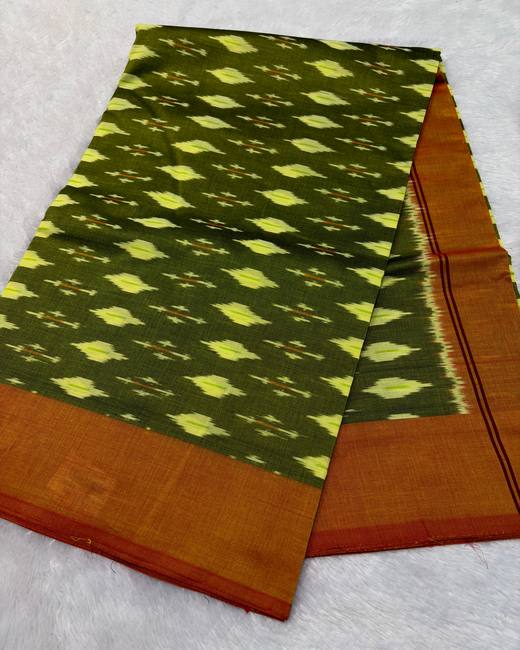 Pochampally Ikkat Handwoven Cotton Saree in Lime with Rust