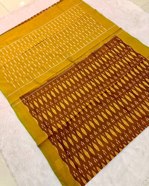Pochampally Ikkat Handwoven Cotton Saree in Mustard with Maroon