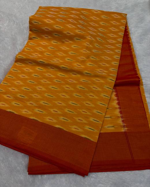 Pochampally Ikkat Handwoven Cotton Saree in Mustard with Olive