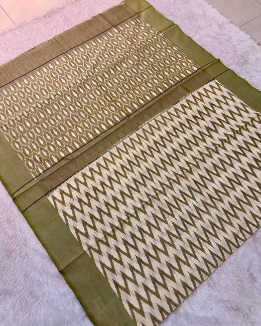 Pochampally Ikkat Handwoven Cotton Saree in Olive with Ivory
